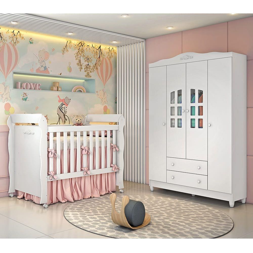 Conjunto Infantil Guarda Roupa Provençal 4 Portas e Berço Mini Cama Provençal Lisa Branco Brilho Carolina Baby