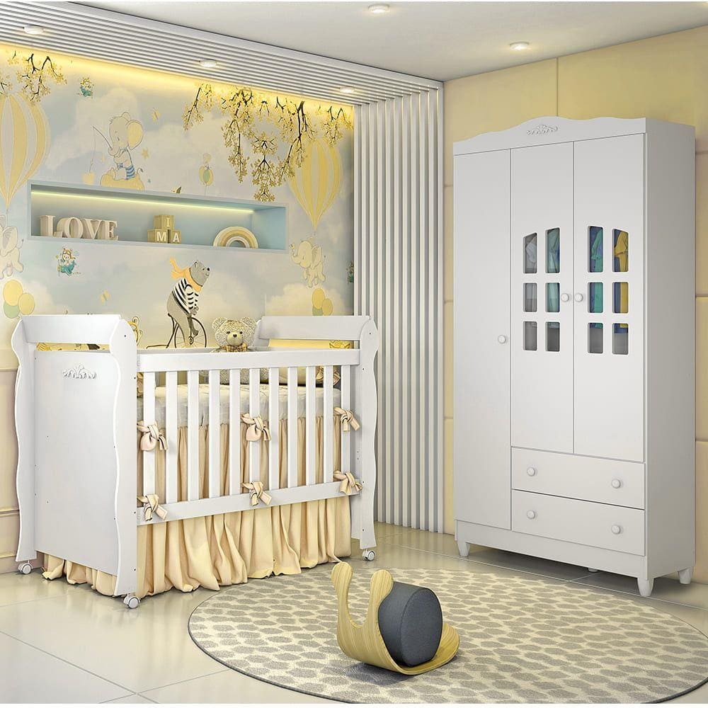 Conjunto Infantil Guarda Roupa Provençal 3 Portas e Berço Mini Cama Provençal Lisa Branco Brilho Carolina Baby