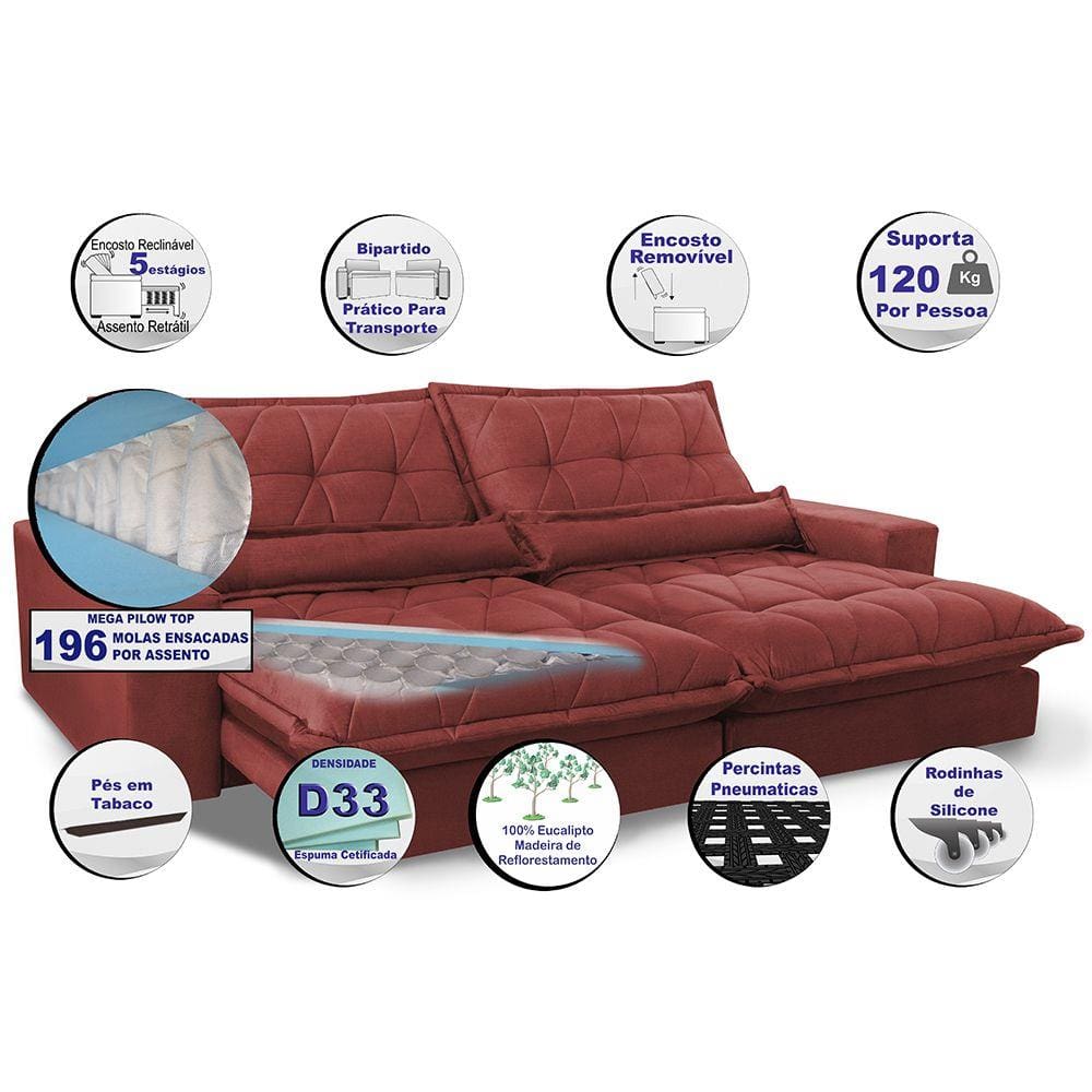 Sofá Retrátil e Reclinável 2,12m com Molas Ensacadas Cama inBox Soft Tecido Suede Vermelho