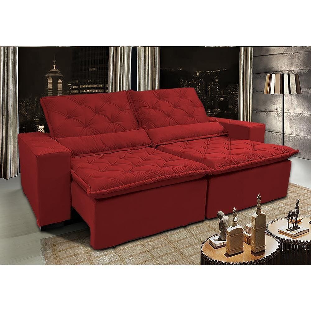 Sofá Lisboa 2,72m Retrátil, Reclinável, Molas no Assento Tecido Suede Velusoft Vermelho Cama InBox