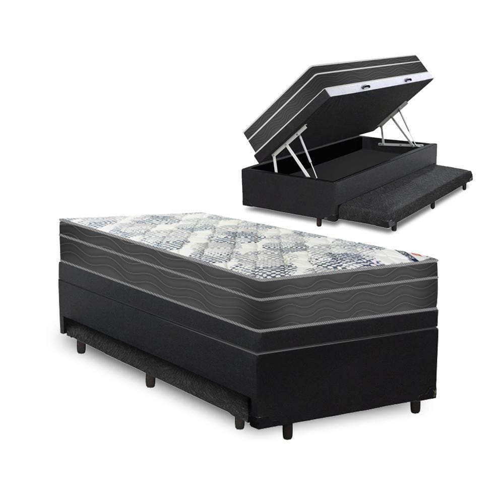 Cama Box Baú e Auxiliar Solteiro Preta + Colchão Molas Ensacadas Ortobom - ISO SuperPocket - 88x188x67cm
