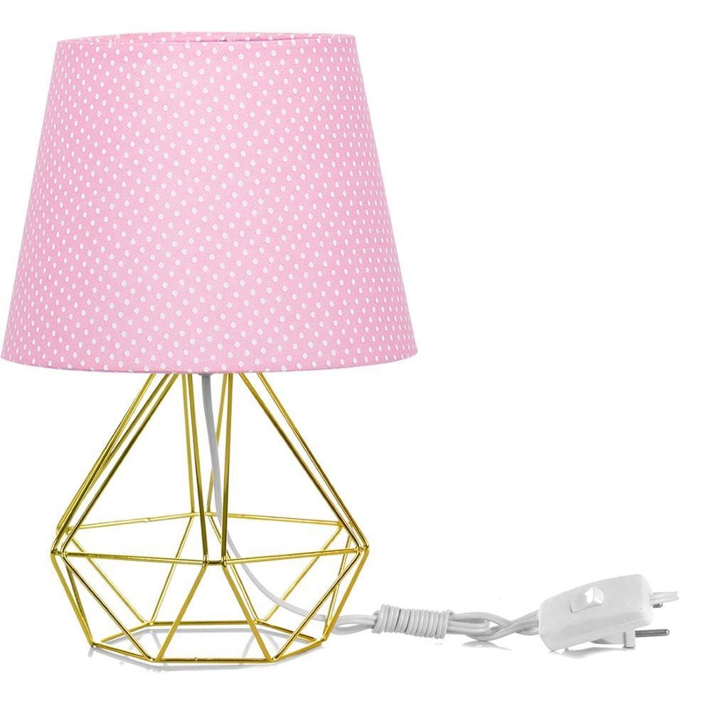 Abajur Diamante Dome Rosa/bolinha Com Aramado Dourado