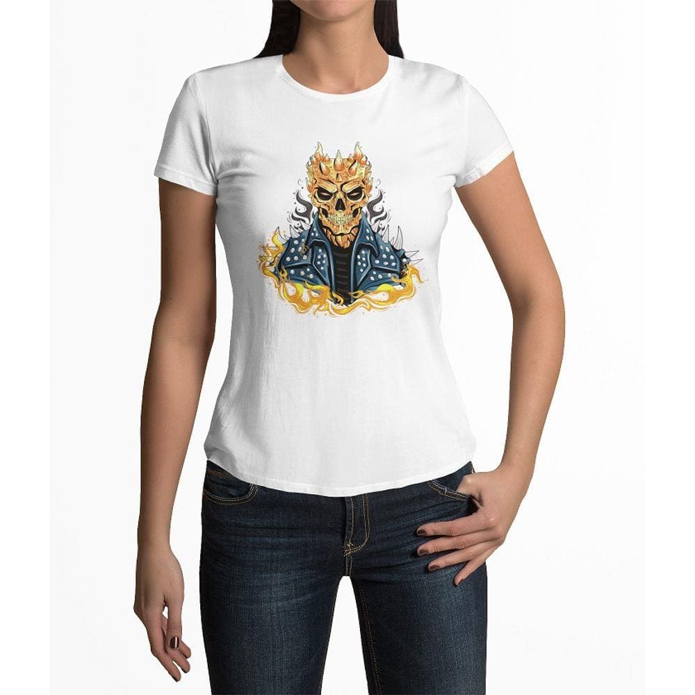 Camiseta ECF Feminina Caveira e Espinhos Manga Curta Branca Poliester