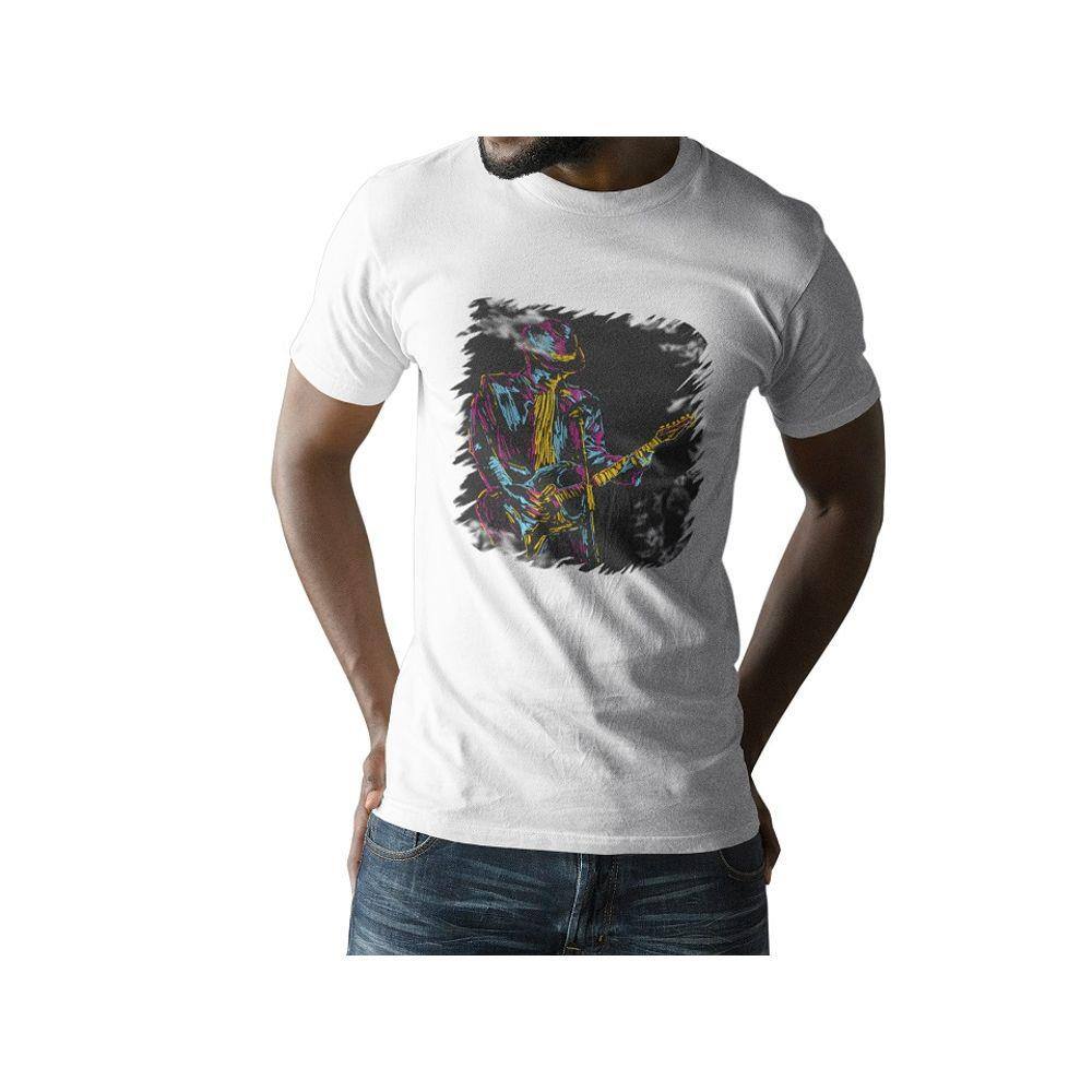 Camiseta ECF Masculina Guitarrista Estilizado Manga Curta Branca Poliester