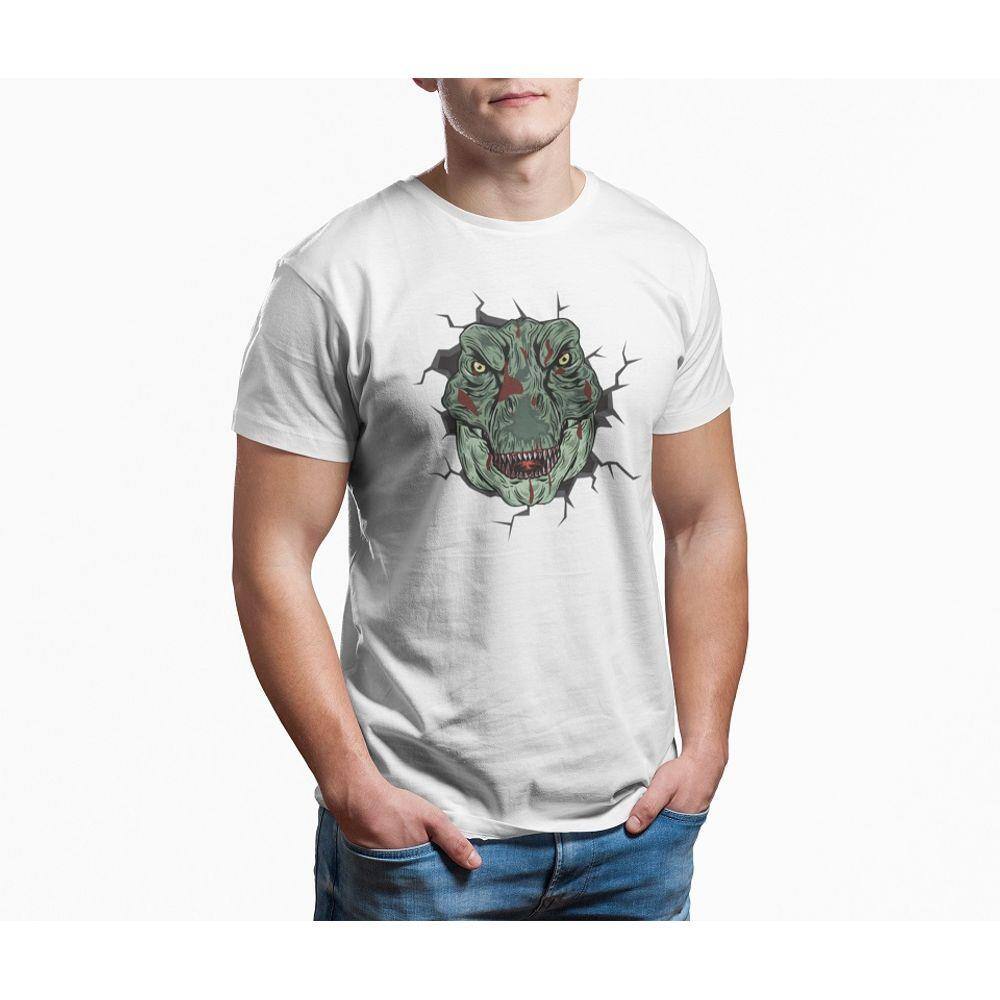 Camiseta ECF Masculina Dinossauro aparecendo de frente Manga Curta Branca Poliester
