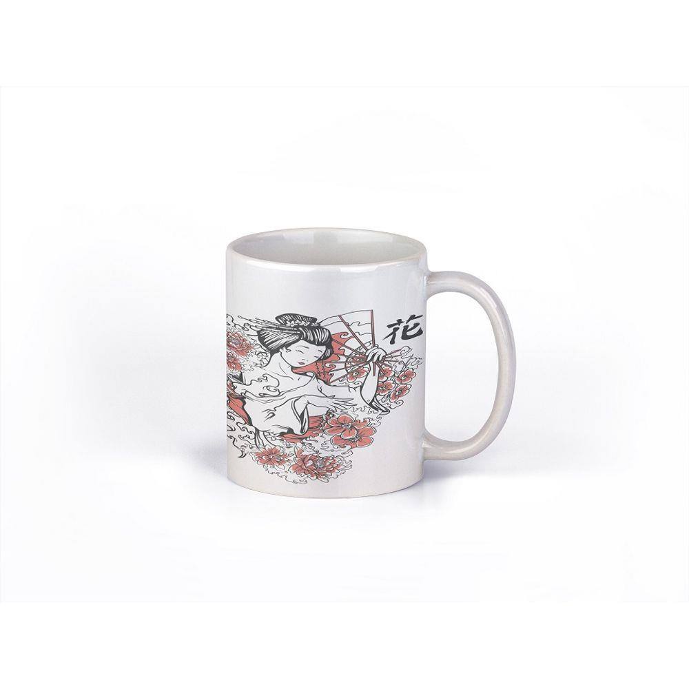 Caneca ECF Japonesa e Flores Branca Porcelana 325ml