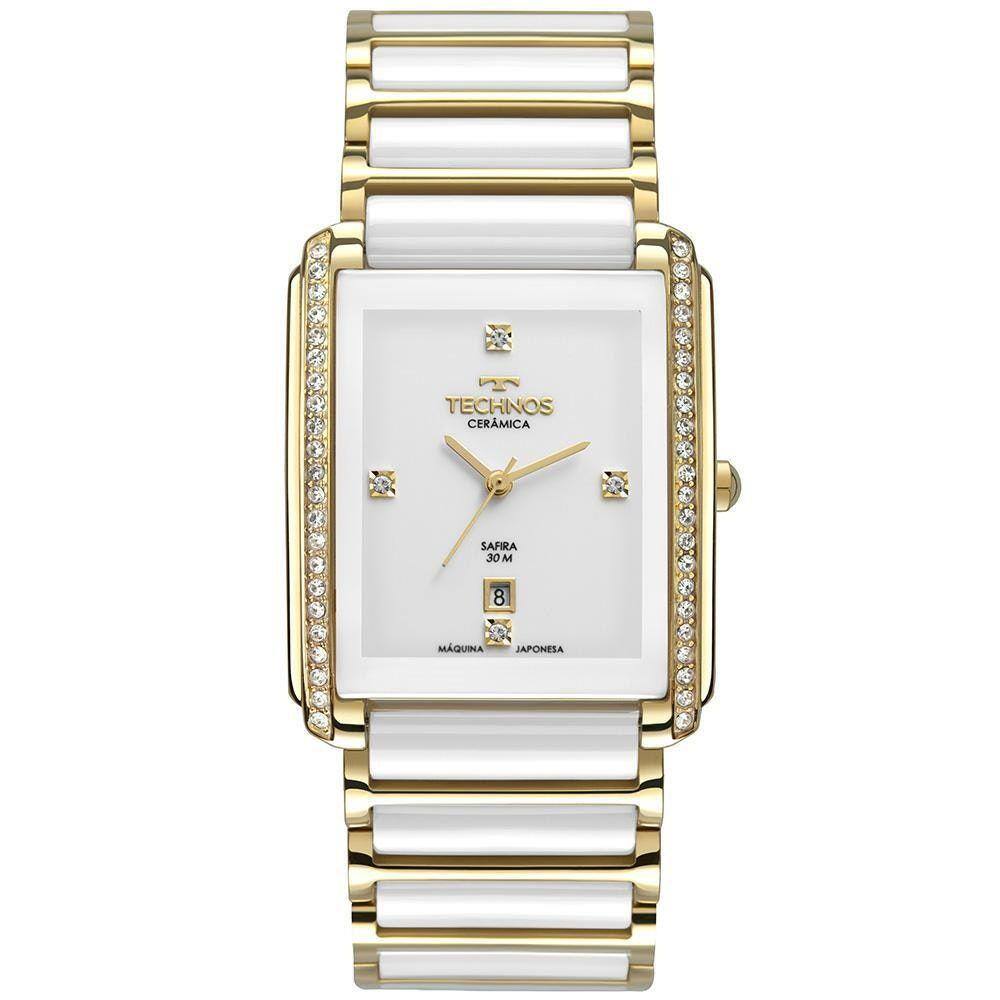 Relógio Feminino Dourado Technos Quadrado Cerâmica Safira