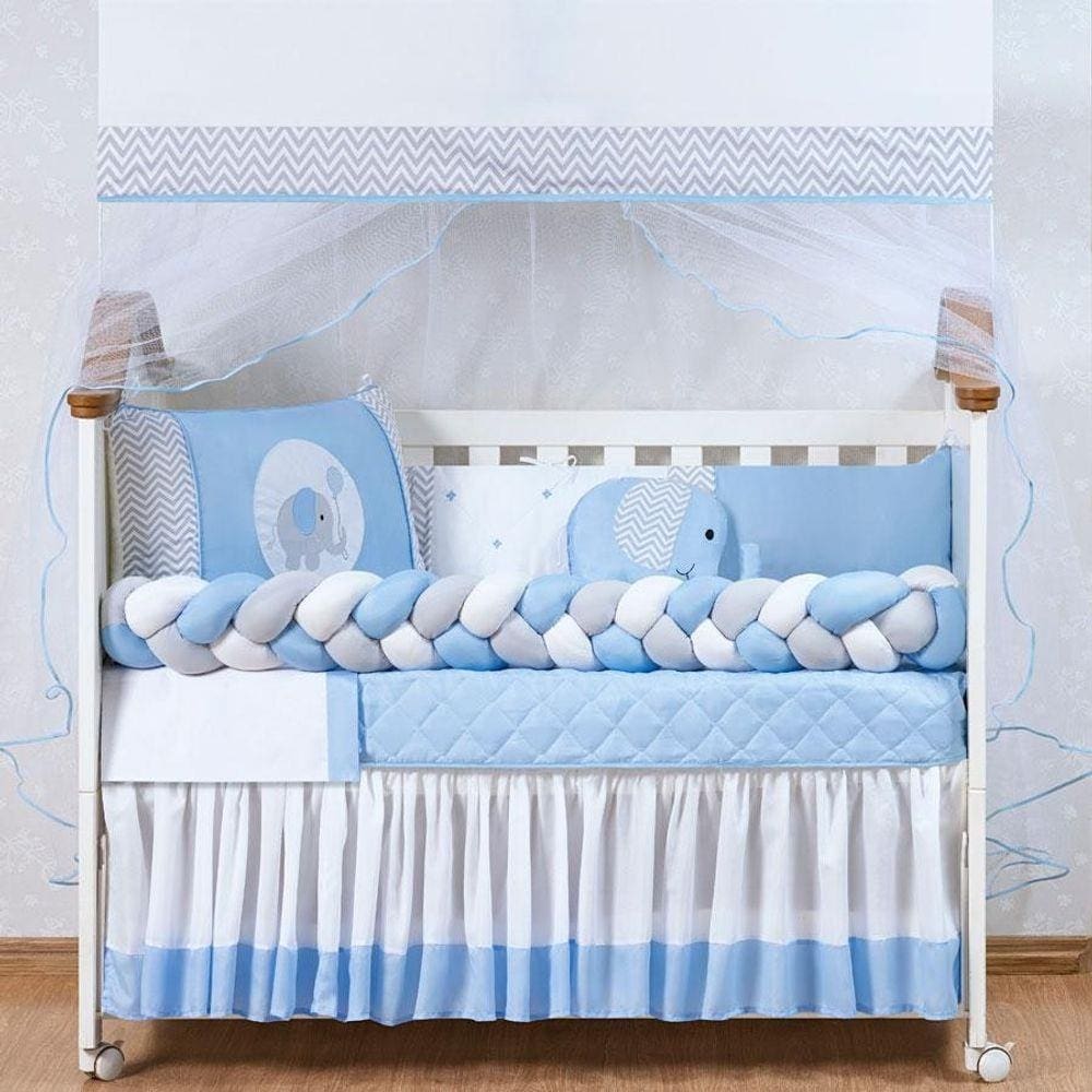 Kit Berço Para Menino 14 Peças Com Saia e Travesseiro Azul