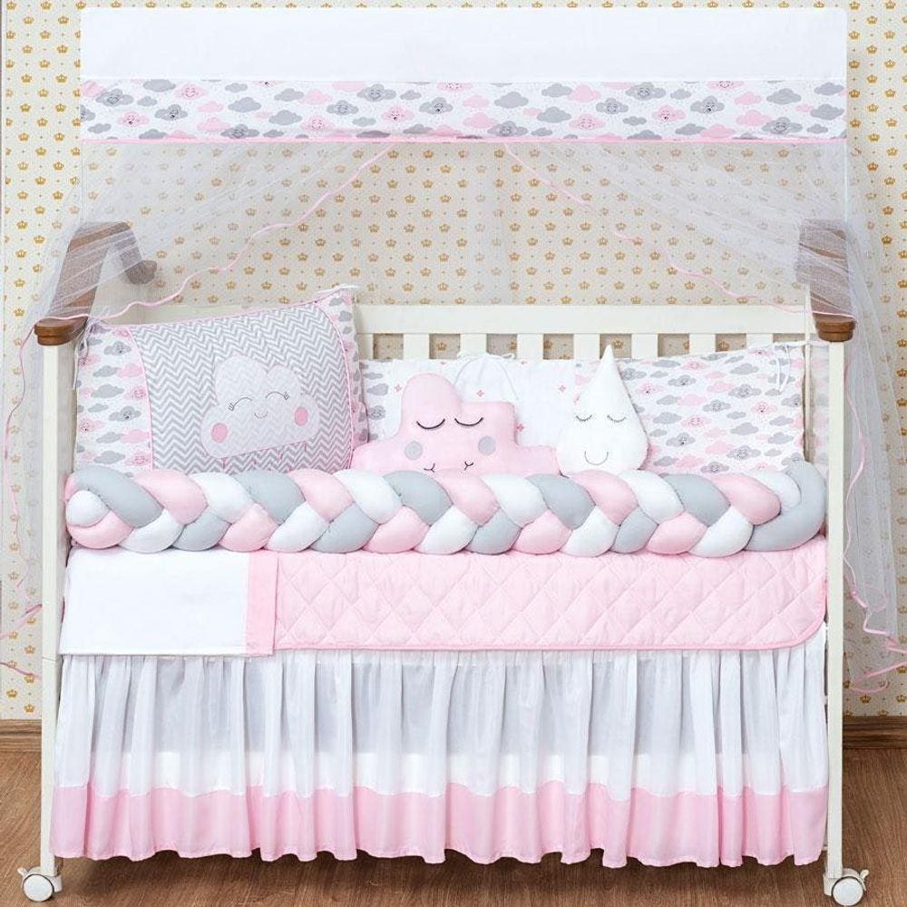 Kit Trança Berço menina 14 peças Nuvem Rosa Capa Impermeável