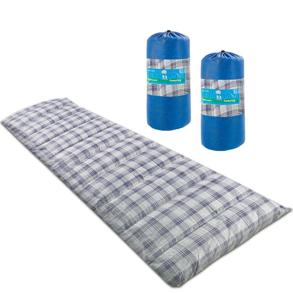 Kit 2 Colchonetes Solteiro 190x60cm Camping com Bolsa para Transporte Xadrez Azul