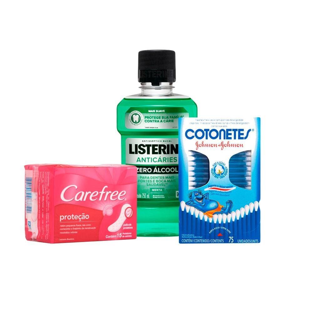 Kit Protetor Diário Carefree + 75 Hastes Flexíveis + Antisséptico Bucal Listerine Anticáries Zero 250ml