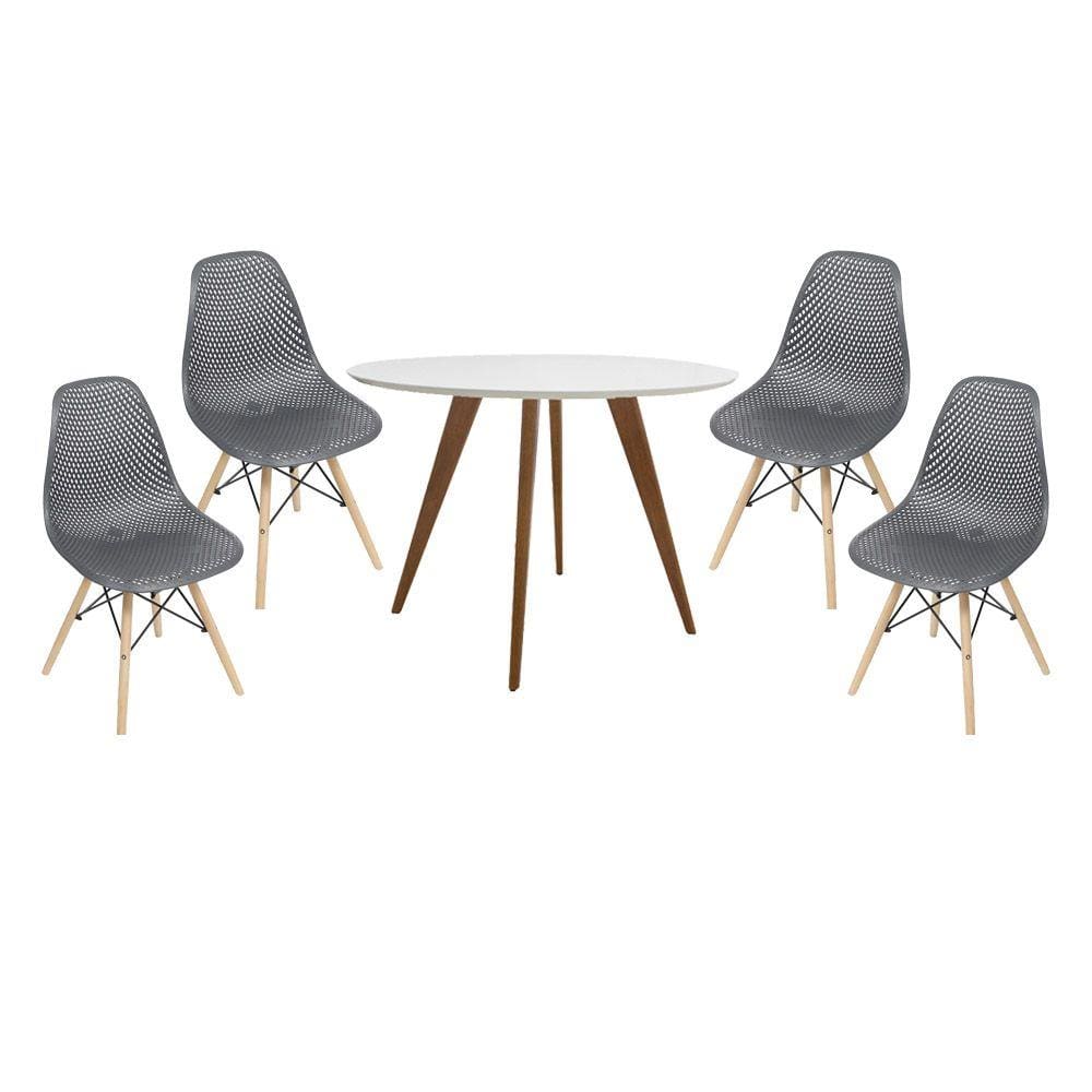 Conjunto Mesa Square Redonda Tampo Branco Fosco 88cm com 4 Cadeiras Eames Colméia Preta com Base Madeira