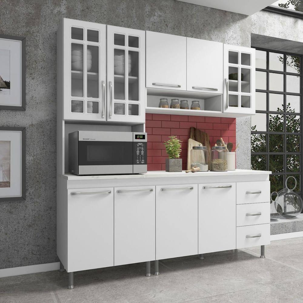 Cozinha completa sophie viena modulada 6 peças 295 cm 15 portas 3 gavetas  com tampo branco