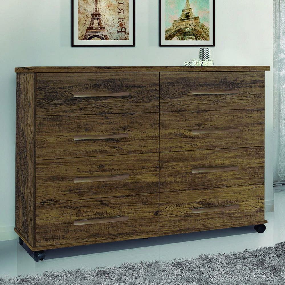 Cômoda 8 Gavetas com Rodízios Jade Móveis Primus Amêndoa Wood