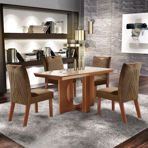 Menor preço em Conjunto Sala de Jantar Mesa Frisa e 4 Cadeiras Esparta Lj Móveis Castanho Prêmio/Pena Caramelo/Off White LJ Móveis