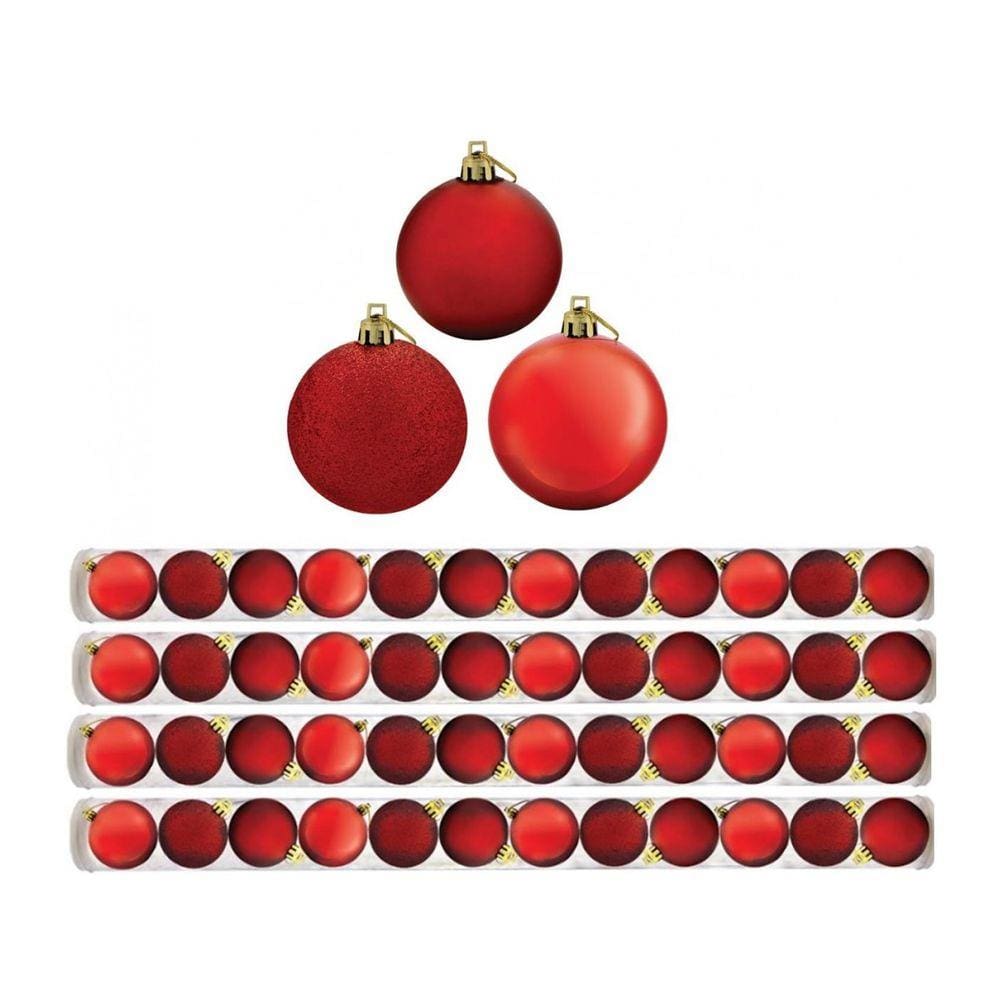 Kit 48 Bolas De Natal Mista Fosca, Lisa e Glitter Vermelha 5cm