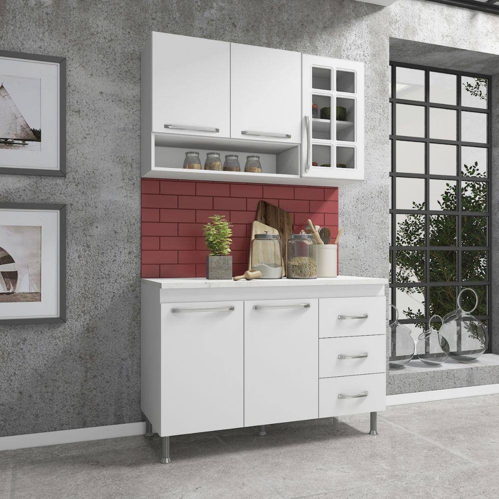 Cozinha completa sophie viena modulada 6 peças 295 cm 15 portas 3 gavetas  com tampo branco