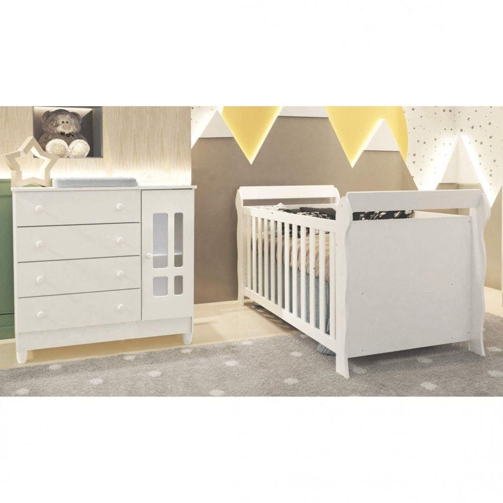 Conjunto Quarto de Bebê Berço e Cômoda Fraldário Eloa Carolina Baby Branco Brilho
