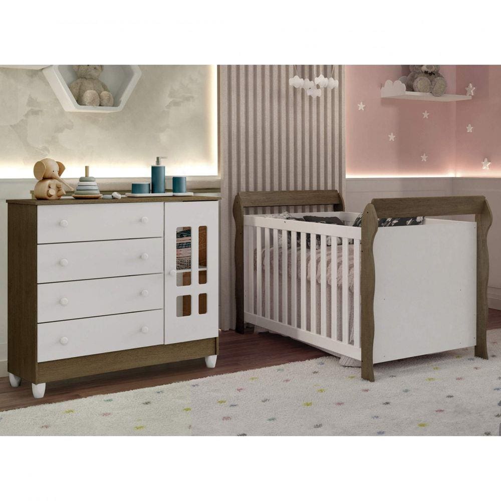 Conjunto Quarto de Bebê Berço e Cômoda Fraldário Eloa Carolina Baby Branco/Amadeirado