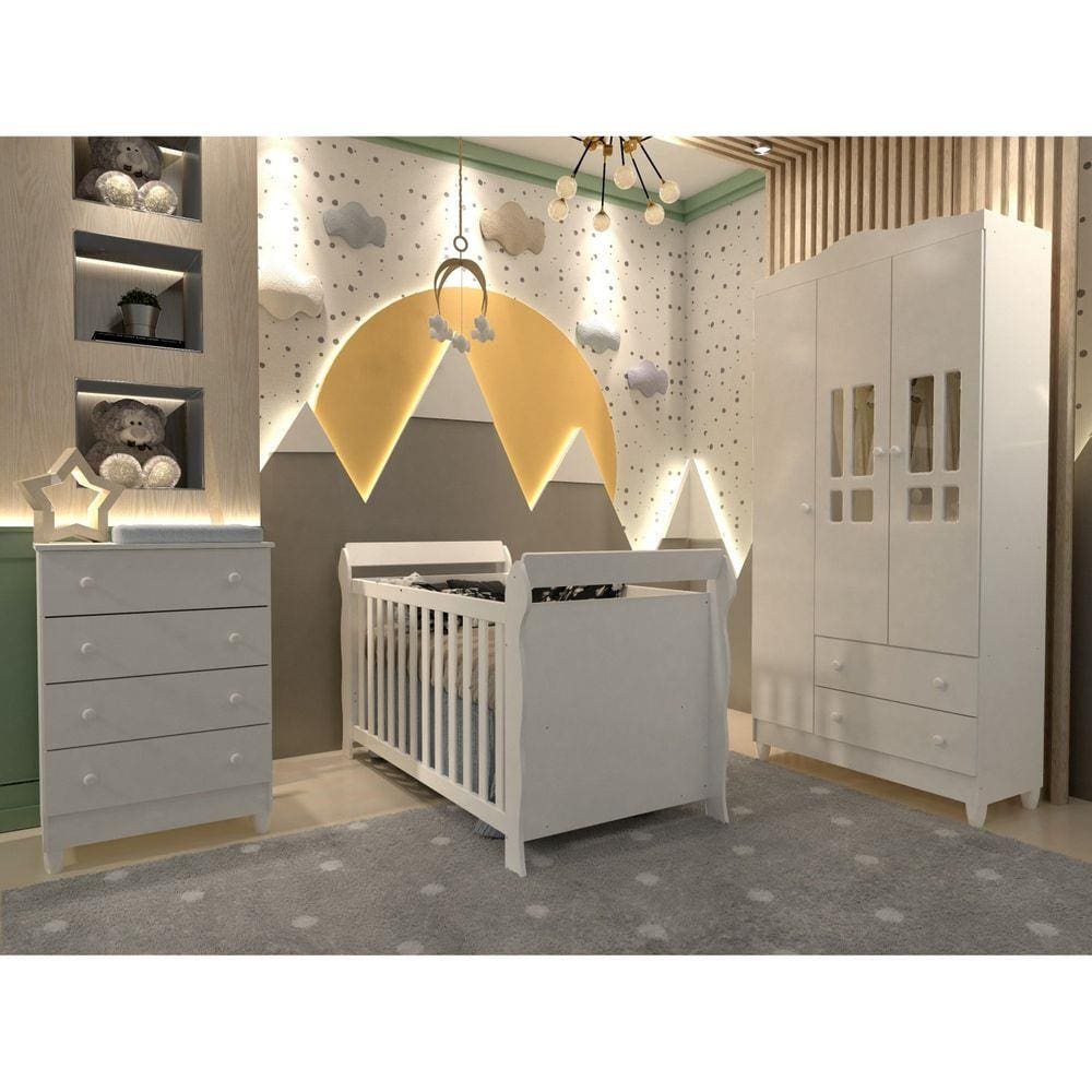 Quarto de Bebê Completo com Berço, Guarda Roupa e Cômoda Lara Carolina Baby Branco Brilho