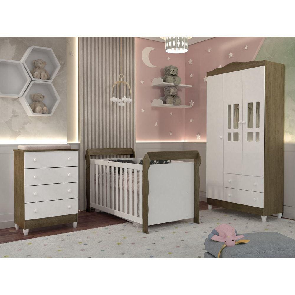 Quarto de Bebê Completo com Berço, Guarda Roupa e Cômoda Lara Carolina Baby