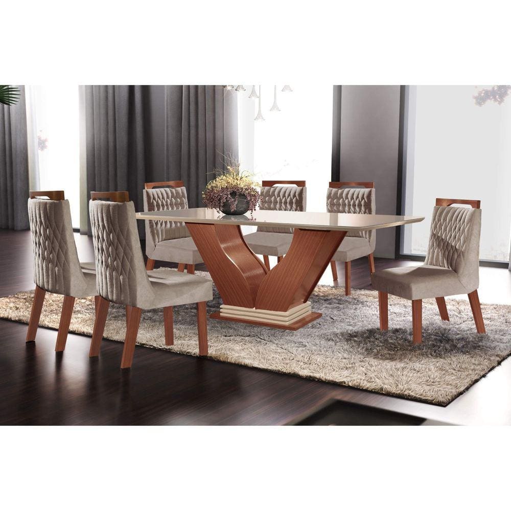 Conjunto de Mesa de Jantar com 6 Cadeiras Estofadas Maia I Veludo Off White  e Creme