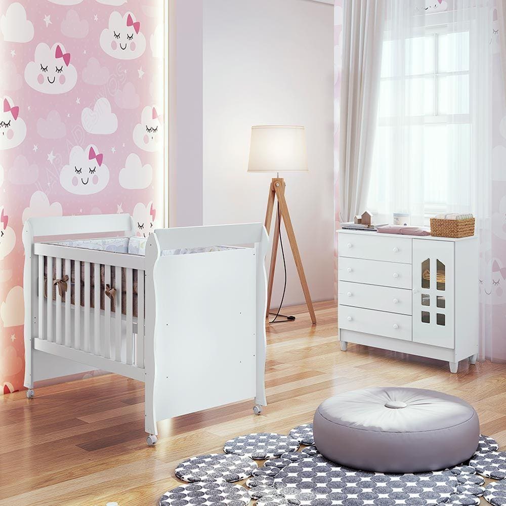 Conjunto Infantil Cômoda 4 Gavetas com Porta Selena, Berço Mini Cama Mirelle