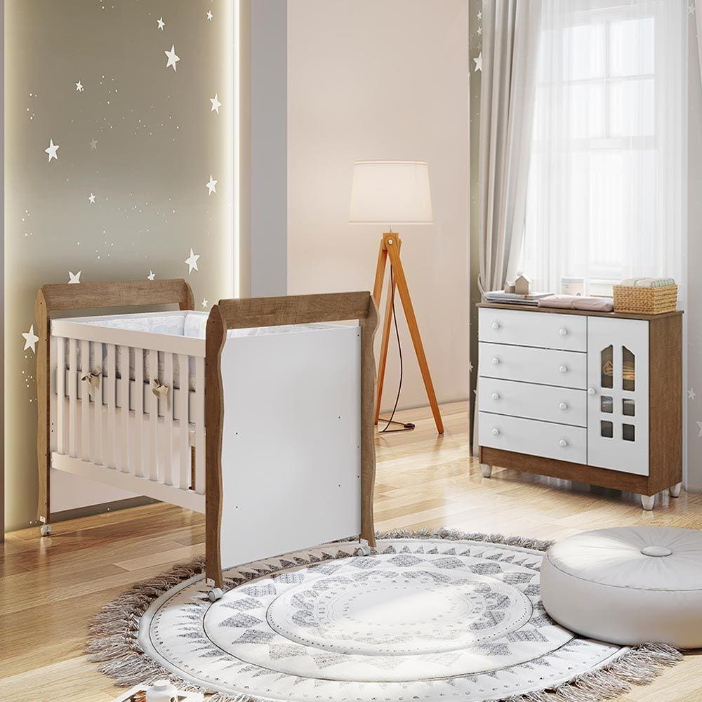 Conjunto Infantil Cômoda 4 Gavetas com Porta Selena, Berço Mini Cama Mirelle Amadeirado