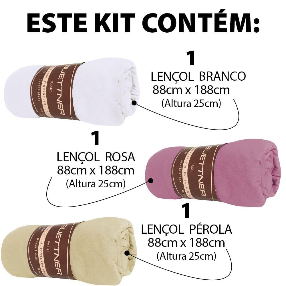 Kit 3 Lençol Solteiro Avulso de Malha 100% Algodão com Elástico Buettner BRANCO PEROLA ROSA