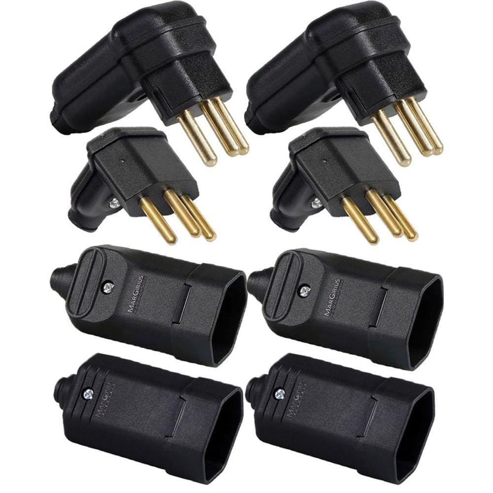2 Plug Macho 3 Pinos 10a 90 Graus + 2 Plug Macho 3 Pinos 20a 90 Graus + 2 Tomada Femea 3 Pinos 20a + 2 Tomada Femea 3 Pinos 10a Preto