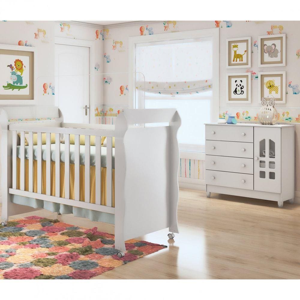 Quarto de Bebê Selena com Cômoda e Berço Mirelle Carolina Móveis Branco Brilho
