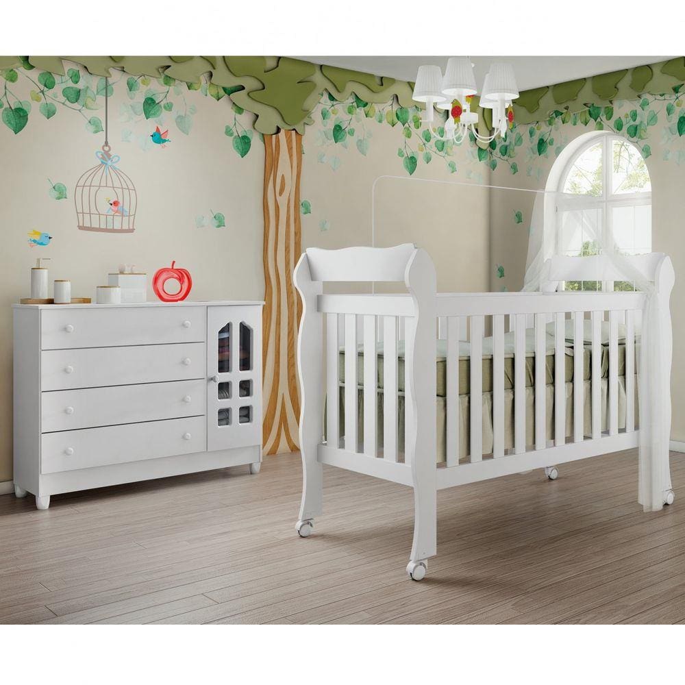 Quarto de Bebê Selena com Cômoda Gran Selena e Berço Lila Carolina Móveis Branco Brilho