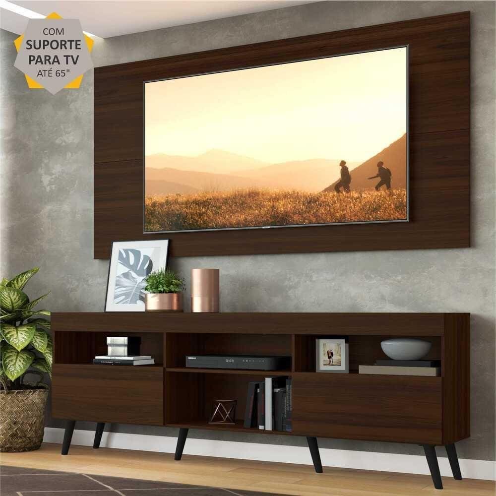 Rack c/ Painel e Suporte p/ TV 65” e Pés Retrô Flórida Multimóveis Duna/Preto