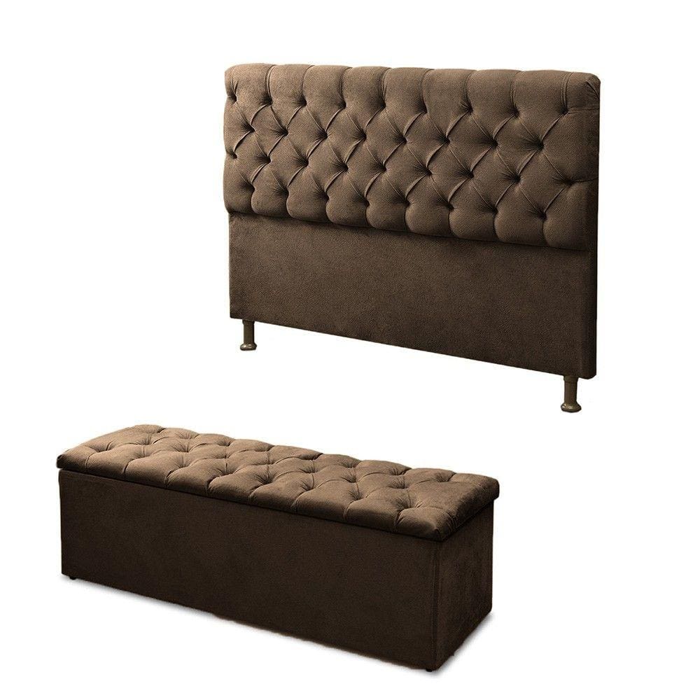 Cabeceira Mais Calçadeira Baú King 195cm Para Cama Box Sofia Suede Marrom - DS Móveis