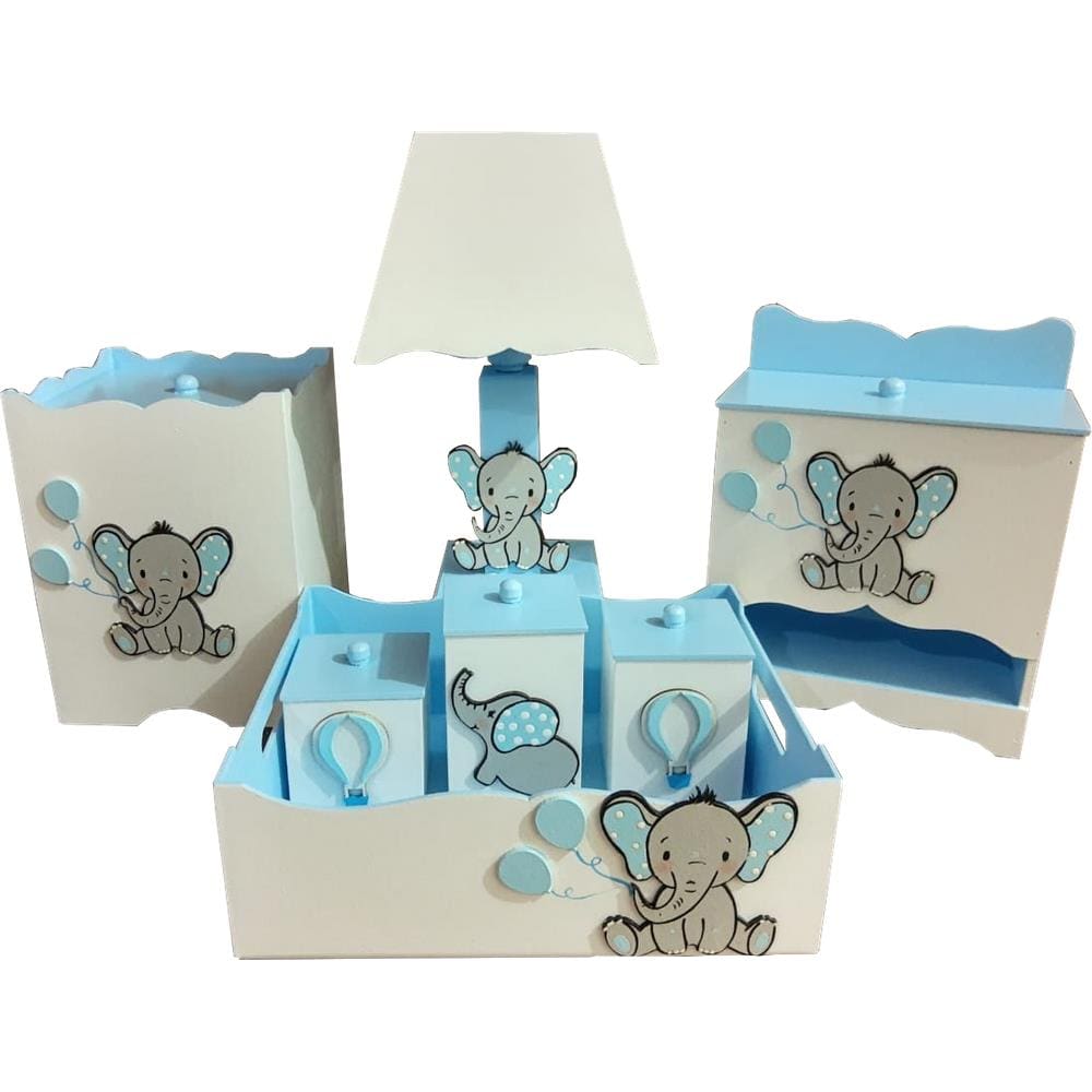 Kit Higiene Bebê MDF Elefantinho Azul 7 Peças