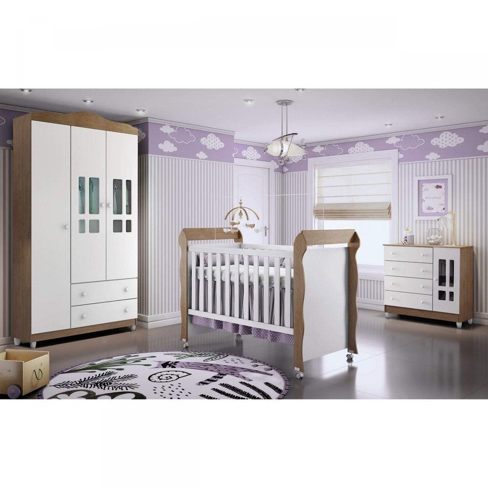Quarto de Bebê Guarda Roupa 3 Portas, Cômoda Fraldário e Berço Mirelle Carolina Baby Branco/Amadeirado