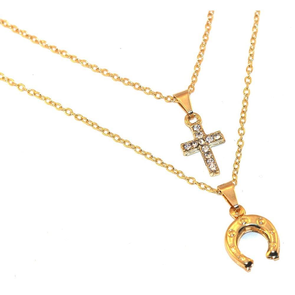 Colar Country Duplo Crucifixo Ferradura Folheado Ouro 18k