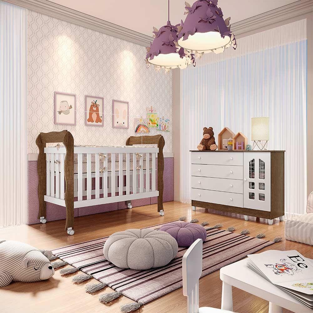 Conjunto Infantil Cômoda 4 Gavetas com Porta Grande Selena e Berço 3 em 1 Americano Lila Amadeirado