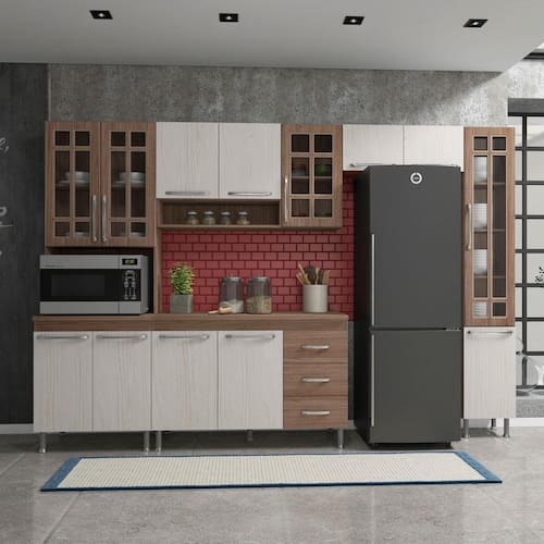 Cozinha completa sophie viena modulada 6 peças 295 cm 15 portas 3 gavetas  com tampo branco