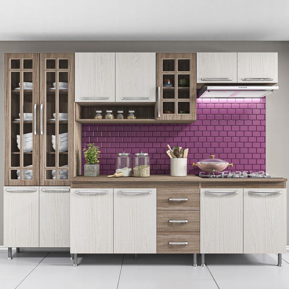 Cozinha completa sophie viena modulada 6 peças 295 cm 15 portas 3 gavetas  com tampo branco