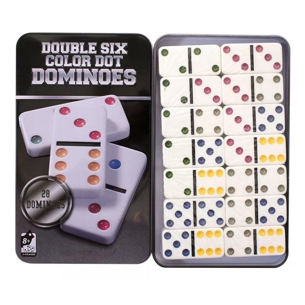 Dominó Dominoes com 28 Peças de 9mm e Estojo Lata + Baralho MB Teach com  108 Cartas