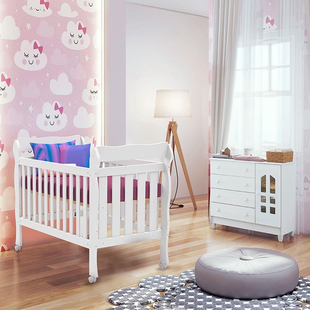 Conjunto Infantil Cômoda 4 Gavetas com Porta Selena e Berço 3 em 1 Lila