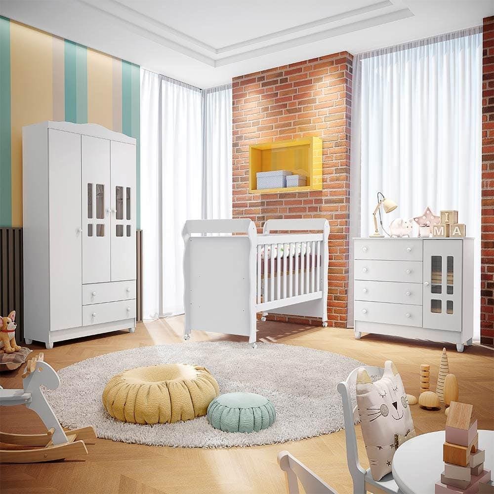 Quarto Infantil Completo Guarda Roupa 3 Portas, Cômoda 4 Gavetas com Porta Ariel, Berço Mini Cama Mirelle