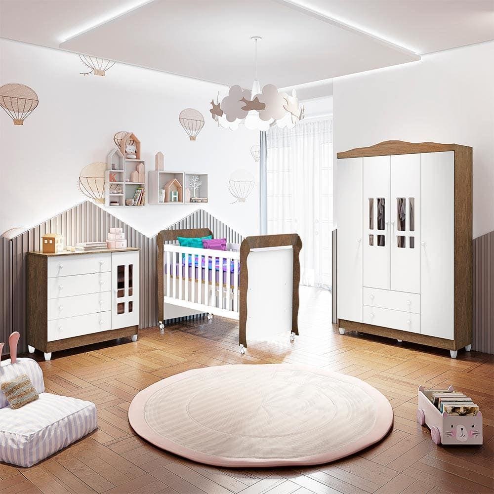 Quarto Infantil Completo Guarda Roupa 4 Portas, Cômoda 4 Gavetas com Porta Selena, Berço Mini Cama Mirelle Br Fosco Amadeirado