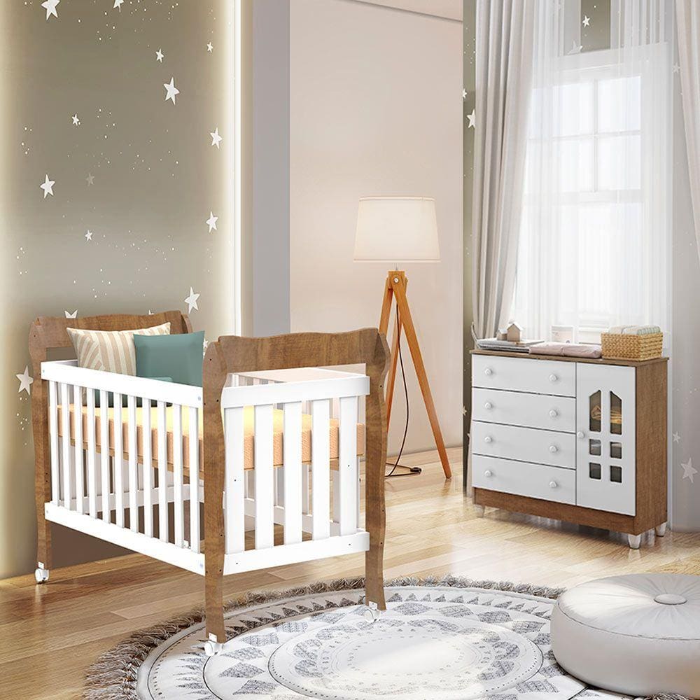Conjunto Infantil Cômoda 4 Gavetas com Porta Selena e Berço 3 em 1 Lila Amadeirado