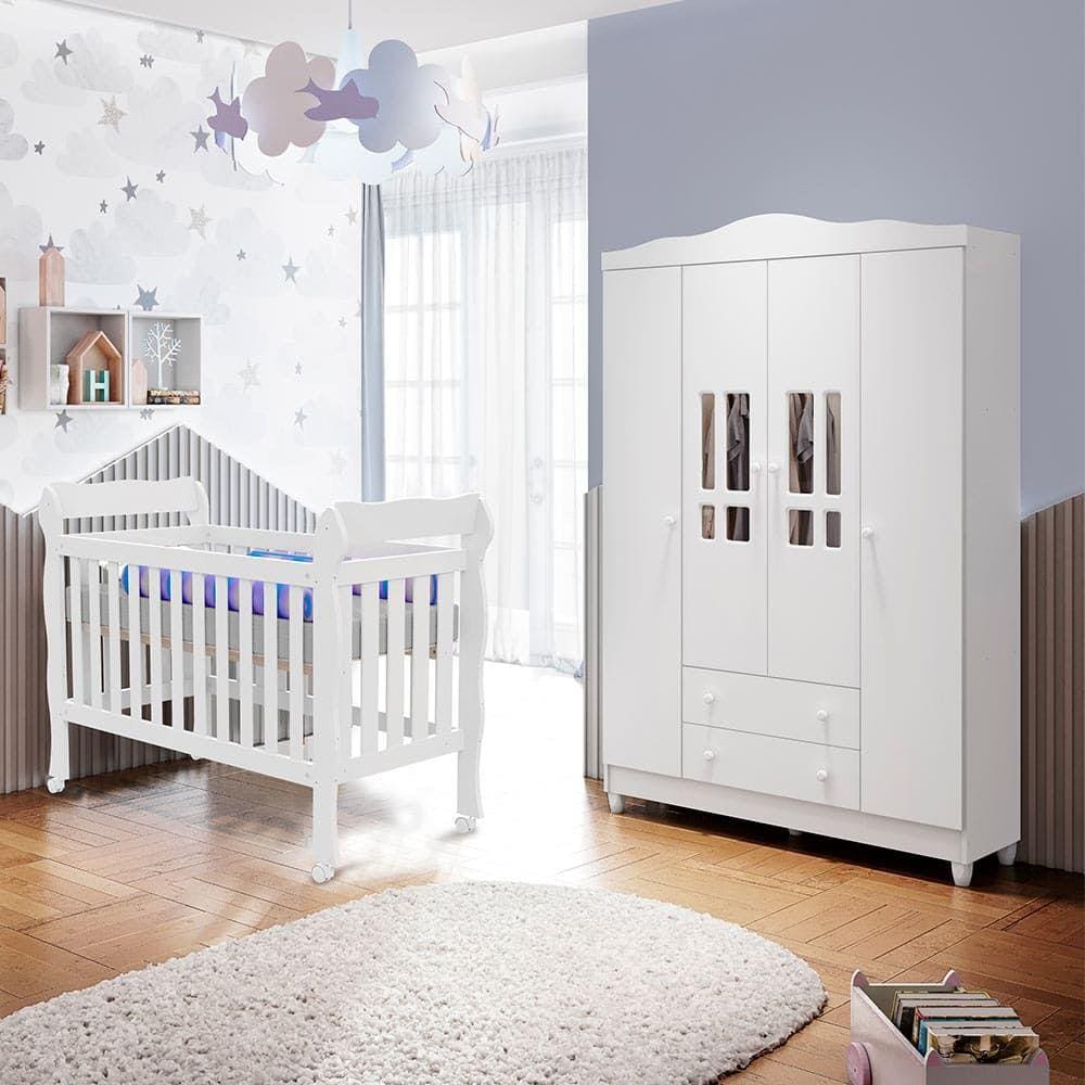 Conjunto Infantil Guarda Roupa 4 Portas Ariel, Berço Mini Cama Lila Branco Brilho Carolina Baby