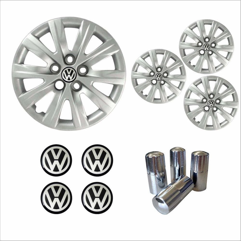Jogo Calota Aro 15 Fox SpaceFox Polo 2012 2013 Volkswagen + Emblema Resinado + Tampa Ventil Cromada