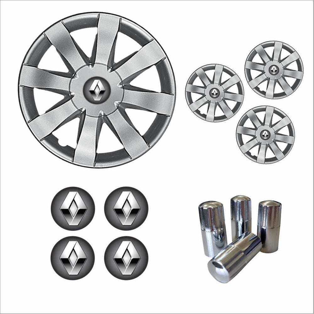 Jogo Calota Aro 15 Sandero Logan 2015 2016 Renault + Emblema Resinado + Tampa Ventil Cromada