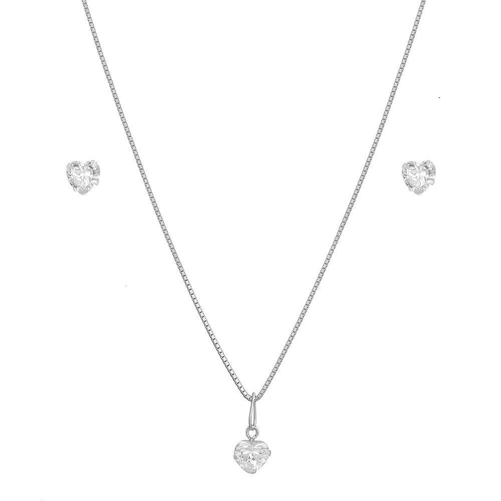 Conjunto Corrente Gargantilha Colar 45cm Feminino Brinco Ponto Luz Coração Prata 925