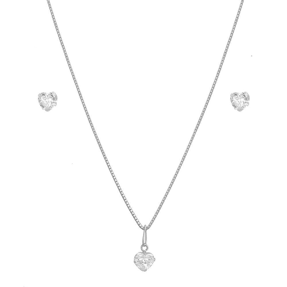 Conjunto Corrente Gargantilha Colar 50cm Feminino Brinco Ponto Luz Coração Prata 925